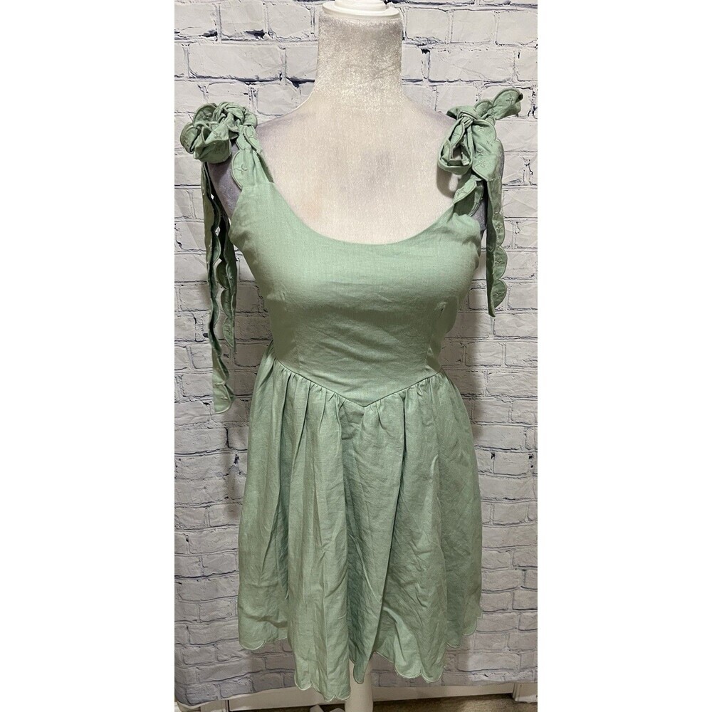 NWT Amable By Mable Anthropologie Green Ribbon Shoulders Mini Dress Size Medium - Picture 2 of 7